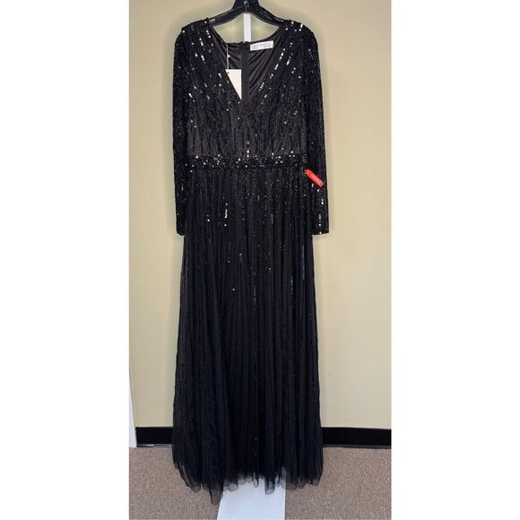Mac Duggal NWT Sequined V-Neck Illusion Sleeve A-Line Gown in Black Size 10 - Picture 4 of 7